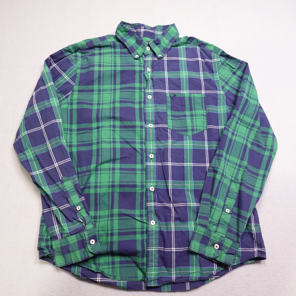 American Eagle Button Down Shirt Mens L Green Blue Plaid Classic Fit Long Sleeve